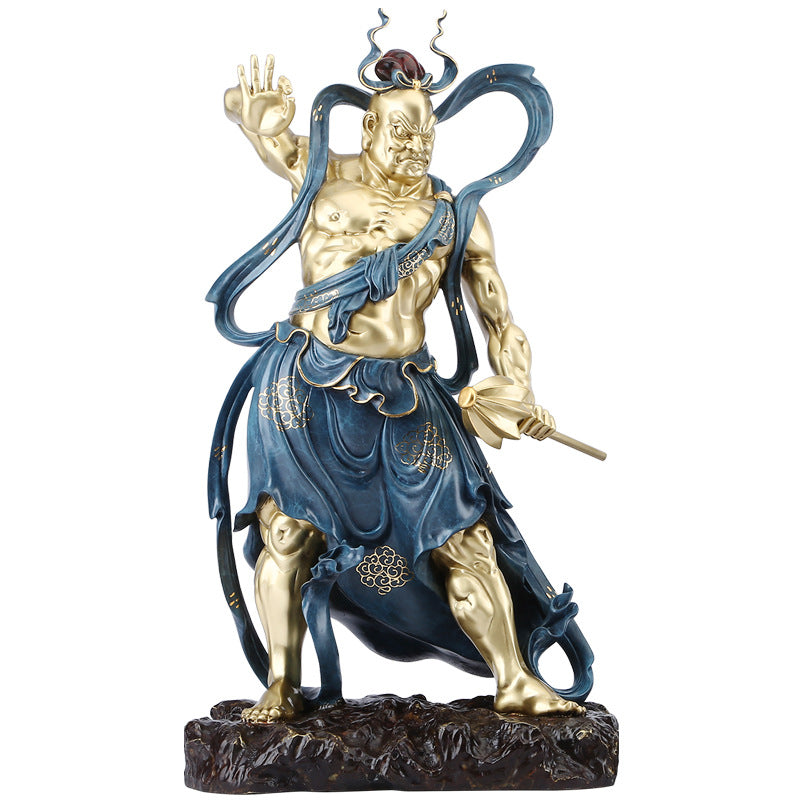 Kongo Rikishi temple guardian copper sculpture in antique blue and gold finish on white background