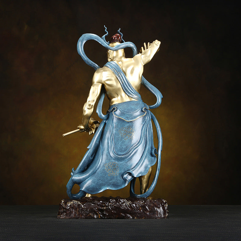 Kongo Rikishi temple guardian copper sculpture rear view showing flowing antique blue robes