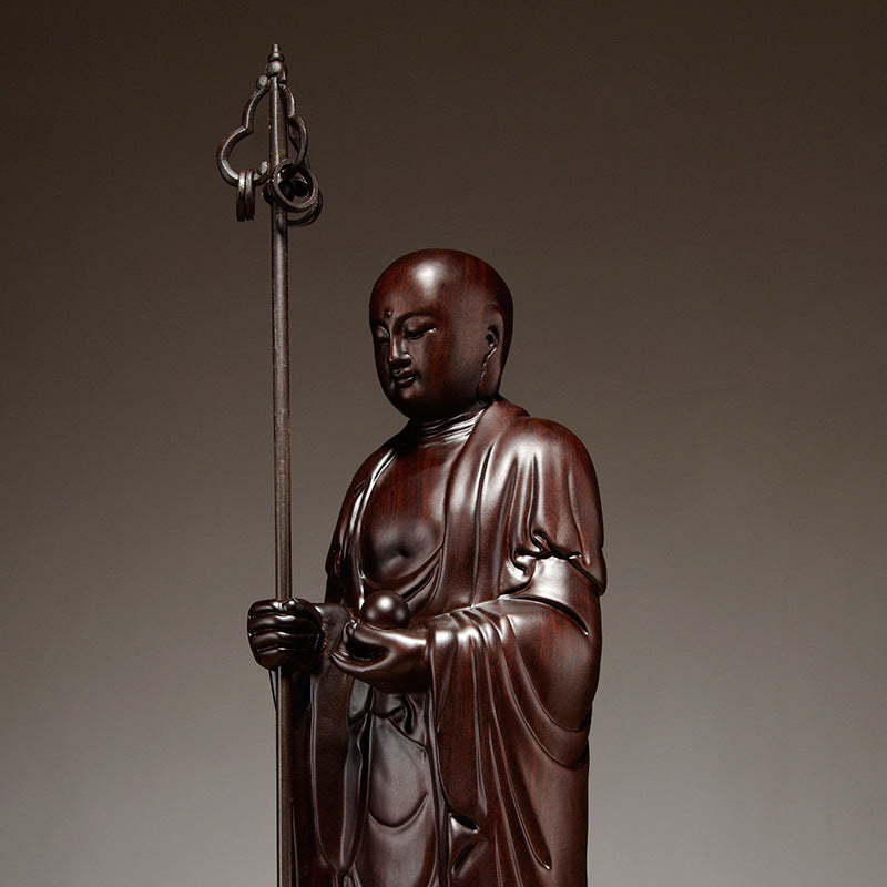 Ksitigarbha Bodhisattva black ebony solid wood sculpture on lotus pedestal for shrine room or study