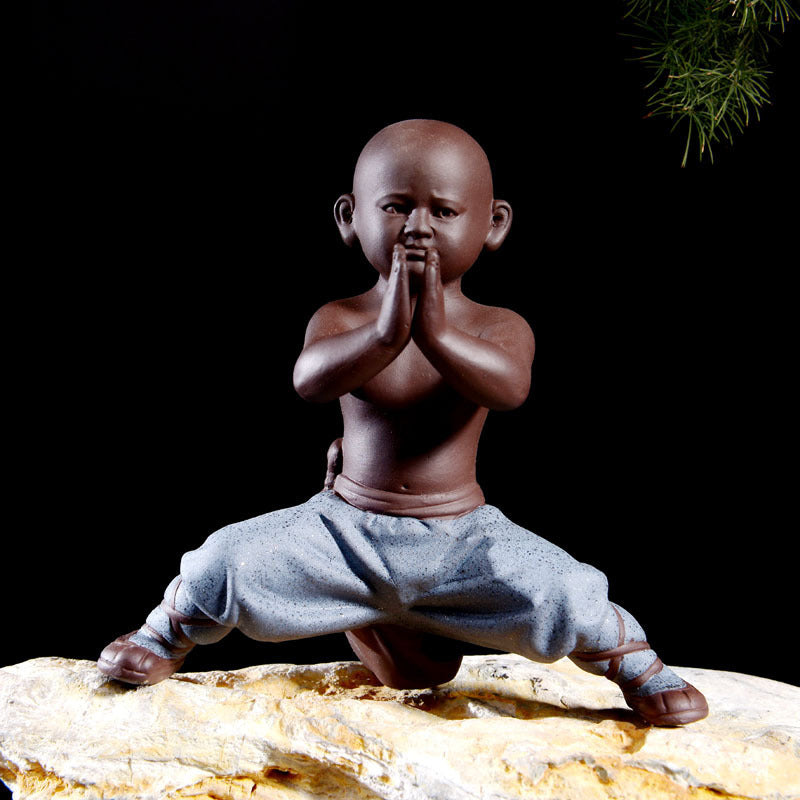 Prayer stance little monk purple clay tea pet figurine