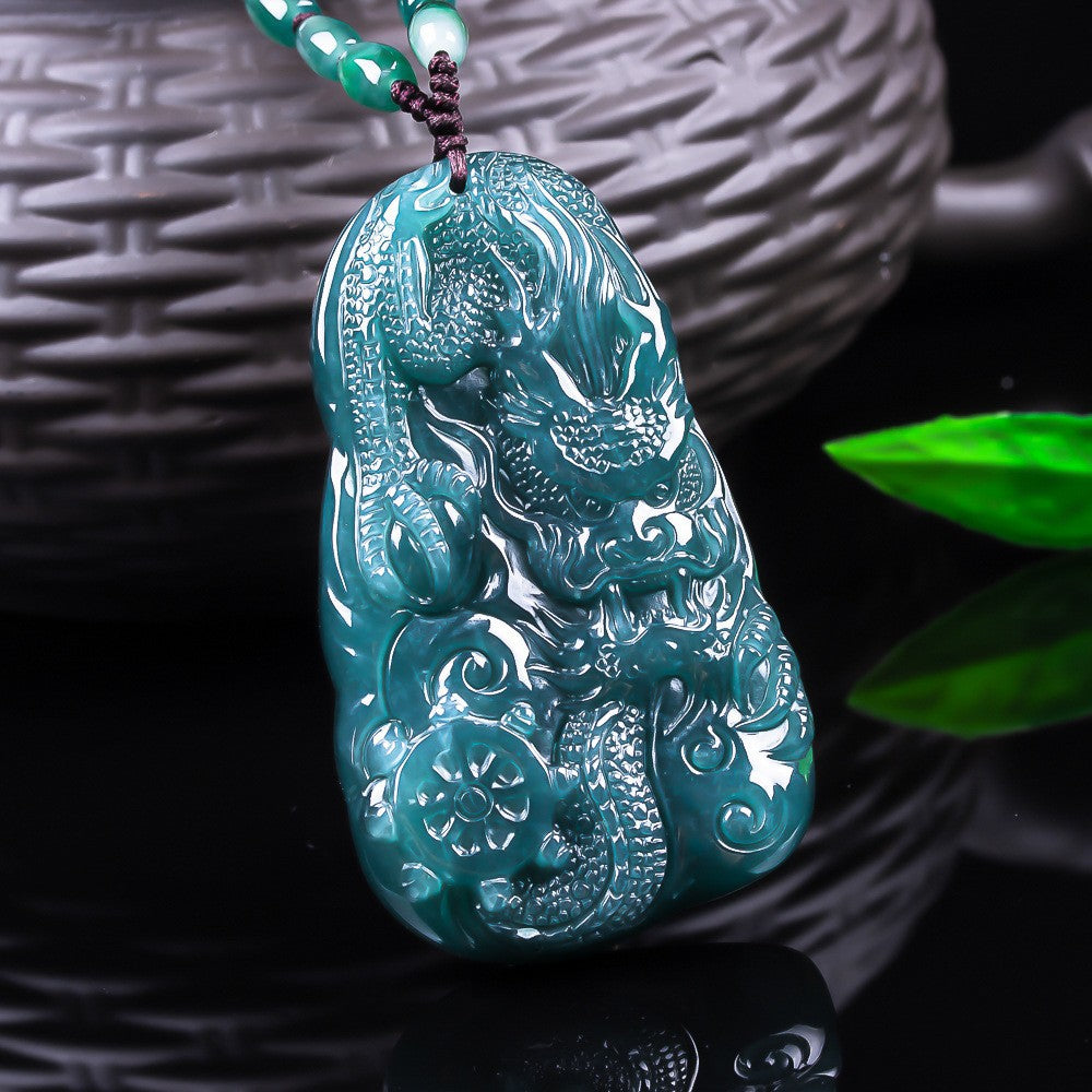 Blue water jadeite dragon amulet with carved bead necklace cord