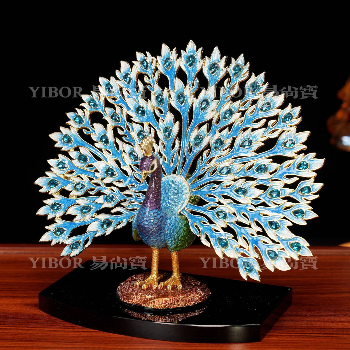 Luxury jeweled peacock decor with fan tail and base