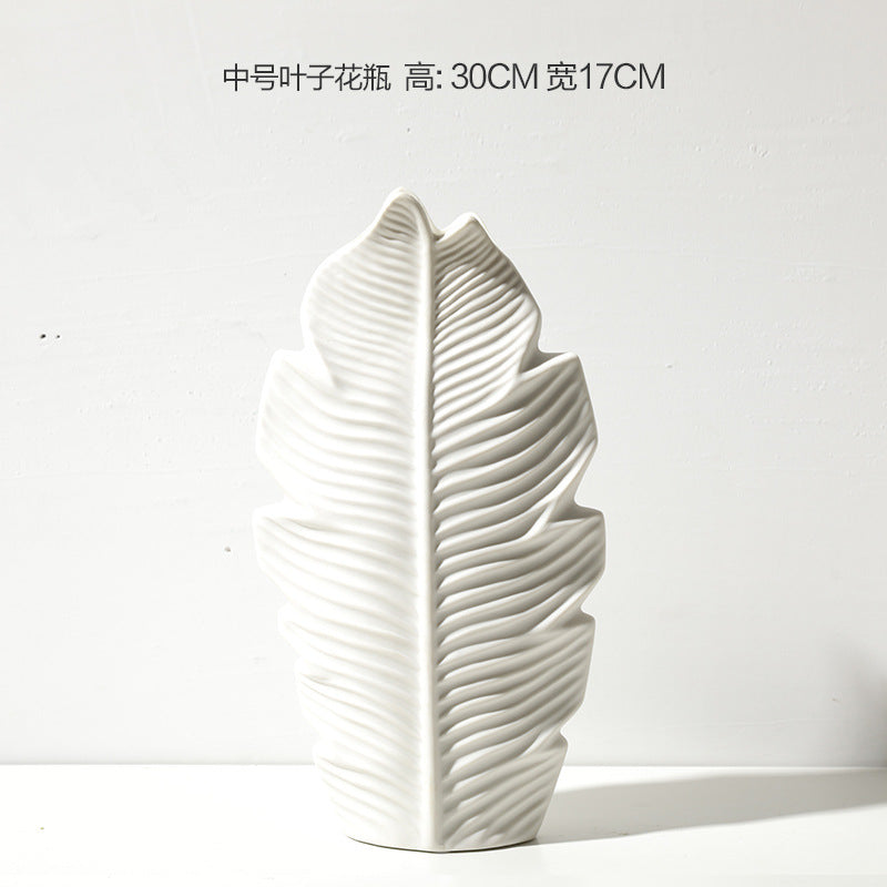 Medium white leaf ceramic vase 30 cm tall