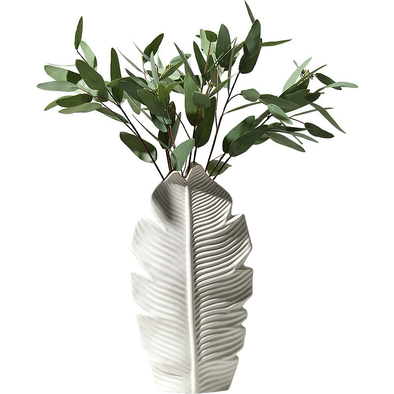 Small white leaf ceramic vase 25 cm tall