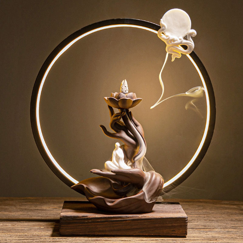 LED halo lotus and Buddha incense display with circular light and waterfall smoke