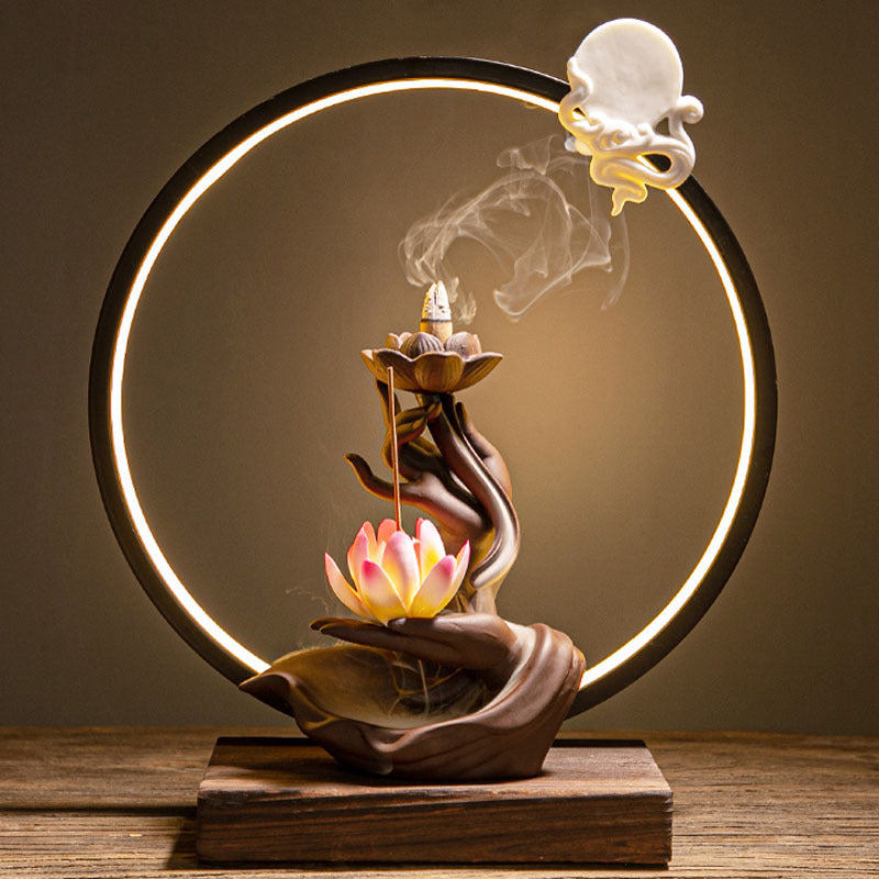 Pink lotus LED halo incense burner with backflow smoke effect