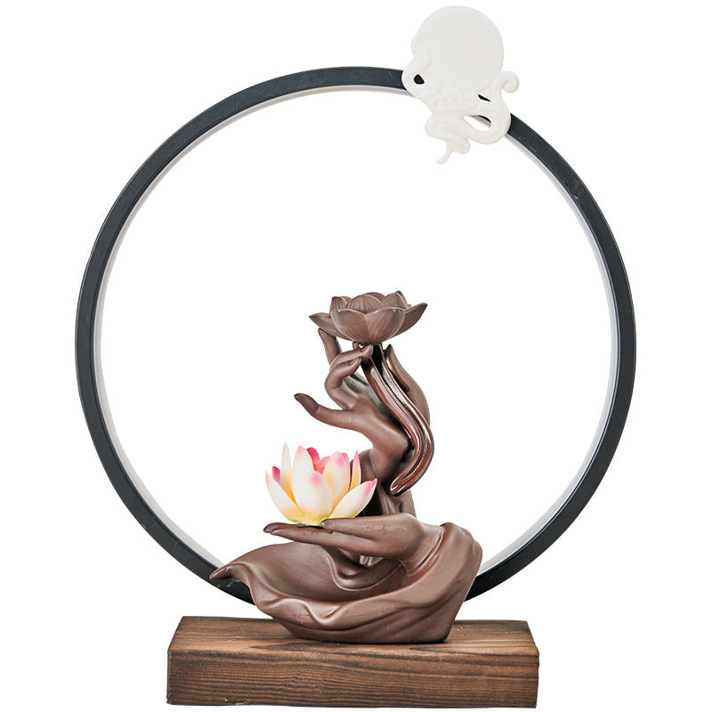 White lotus and Buddha hand incense sculpture with 36 cm halo frame