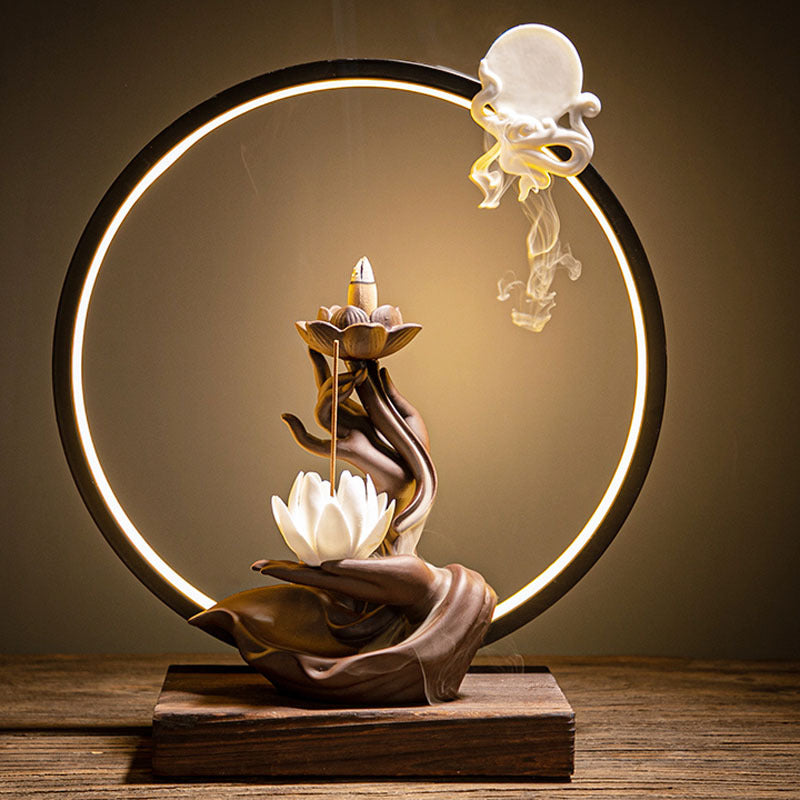 Warm illuminated lotus incense holder for meditation room and tea space