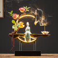 LED moon ring Chinese beauty backflow incense decor with floral branch and lotus incense holder