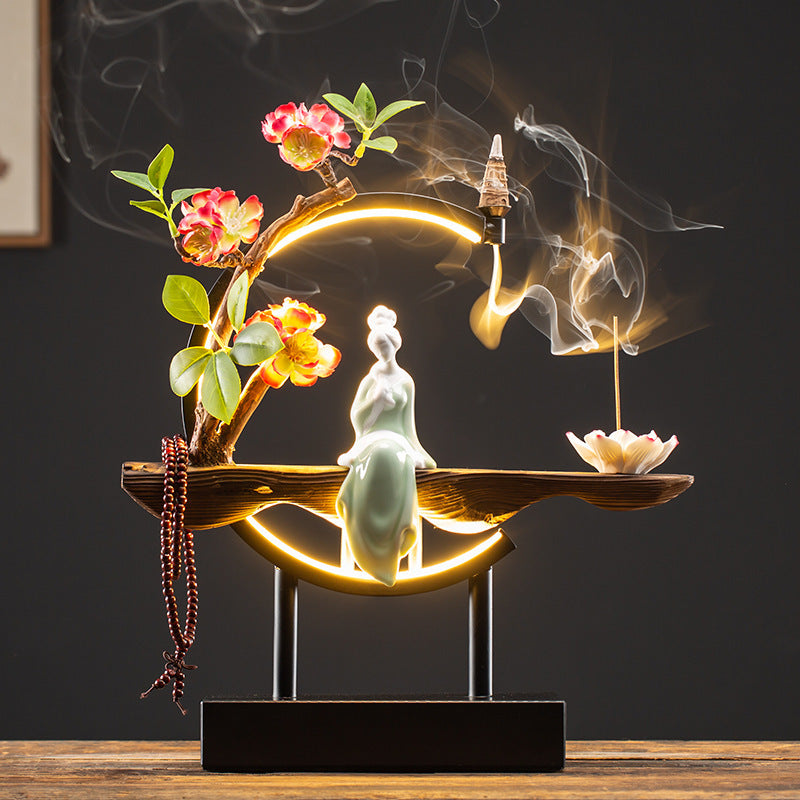 LED moon ring Chinese beauty backflow incense decor with floral branch and lotus incense holder