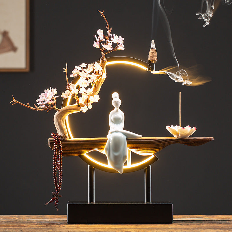 Plum blossom LED ring incense ornament with seated Chinese lady figure