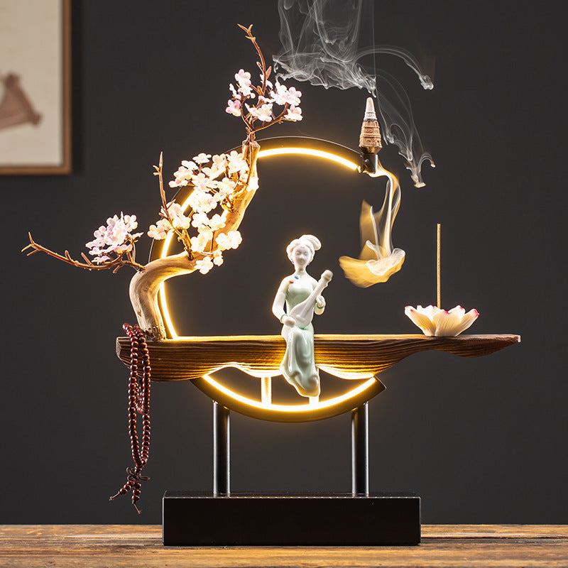 White blossom LED moon ring incense decor with porcelain-style lady figure