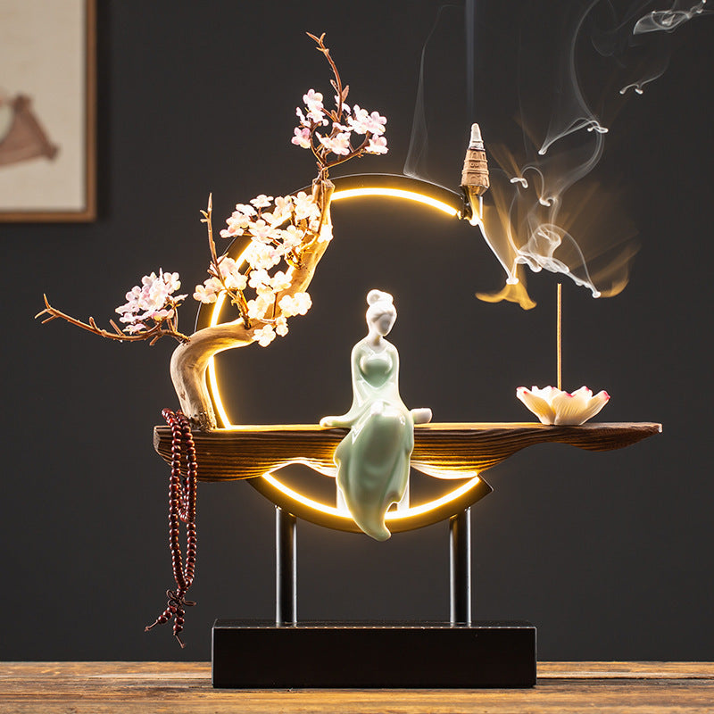 Classical lady illuminated incense decor with plum blossom branch and smoke