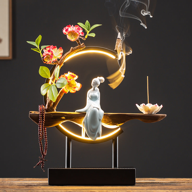 Green-robed Chinese beauty LED moon ring incense display with flowers