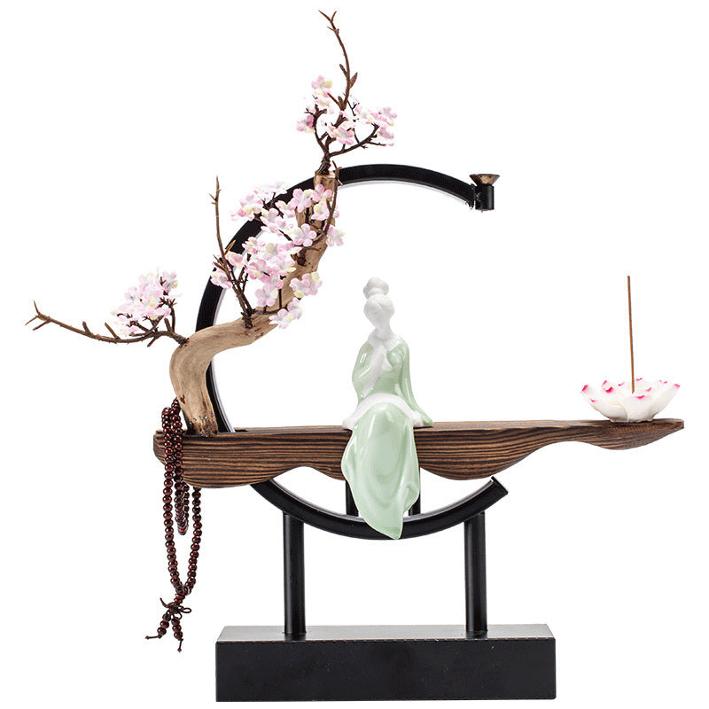 New Chinese LED incense ornament cutout with floral branch and seated lady
