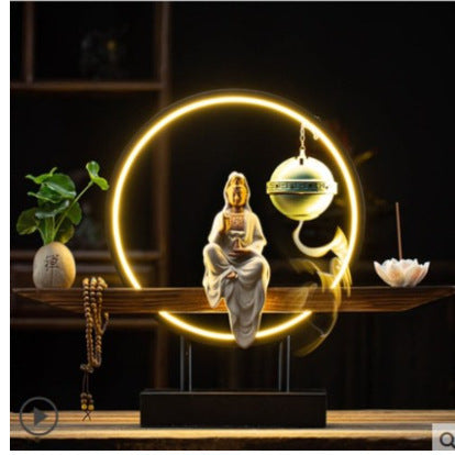 Meditating Buddha LED ring incense display with hanging censer and lotus holder