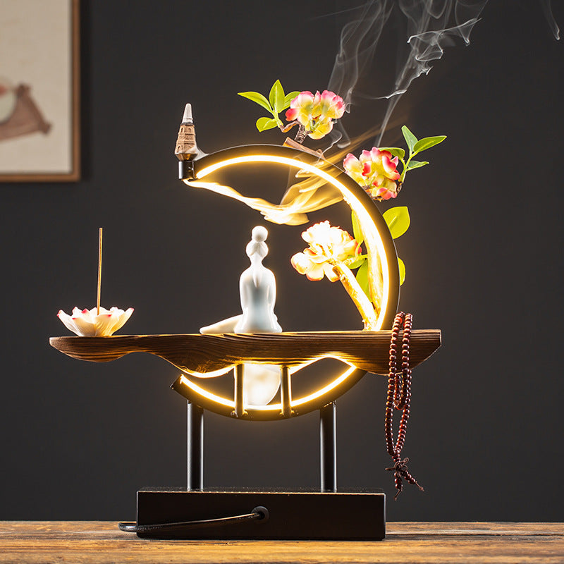LED moon ring New Chinese incense decor with seated porcelain-style figure