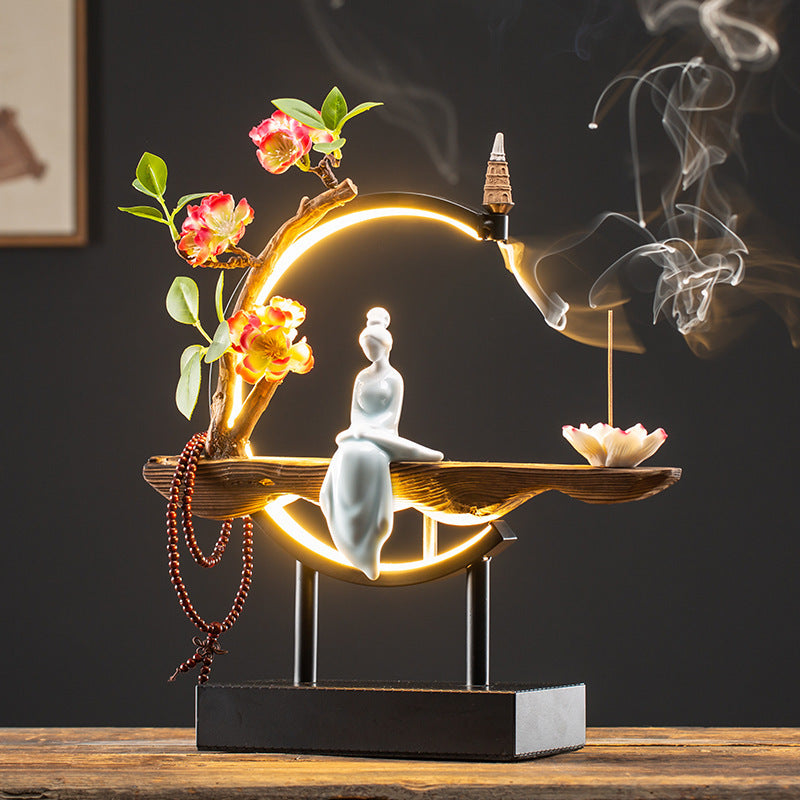 Elegant floral LED incense sculpture with classical Chinese beauty figure