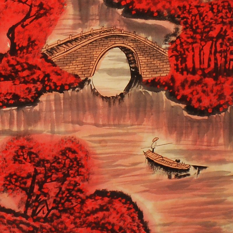 Detail of Li Keran inspired hand-painted red landscape with stone bridge, river and boat
