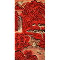 Hand-painted Chinese red landscape inspired by Li Keran, Wan Shan Hong Bian style with waterfall, village, bridge and boat