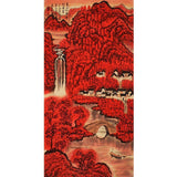 Hand-Painted Chinese Red Landscape Painting – Li Keran Inspired “Ten Thousand Mountains in Red” with Waterfall, Village, Bridge & Boat