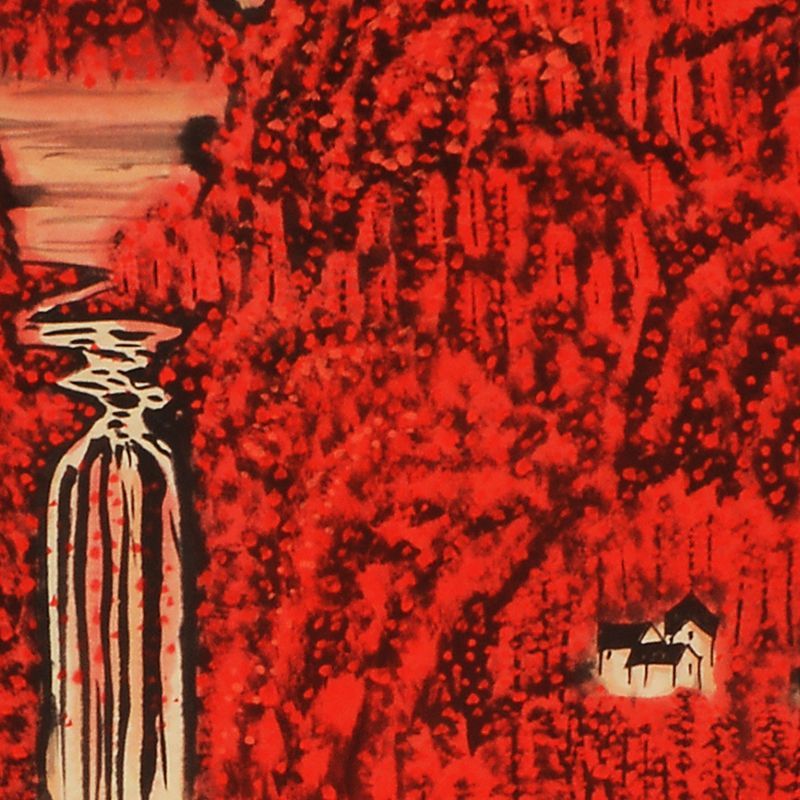 Detail of hand-painted Li Keran inspired red mountain landscape with waterfall, forest and white village houses