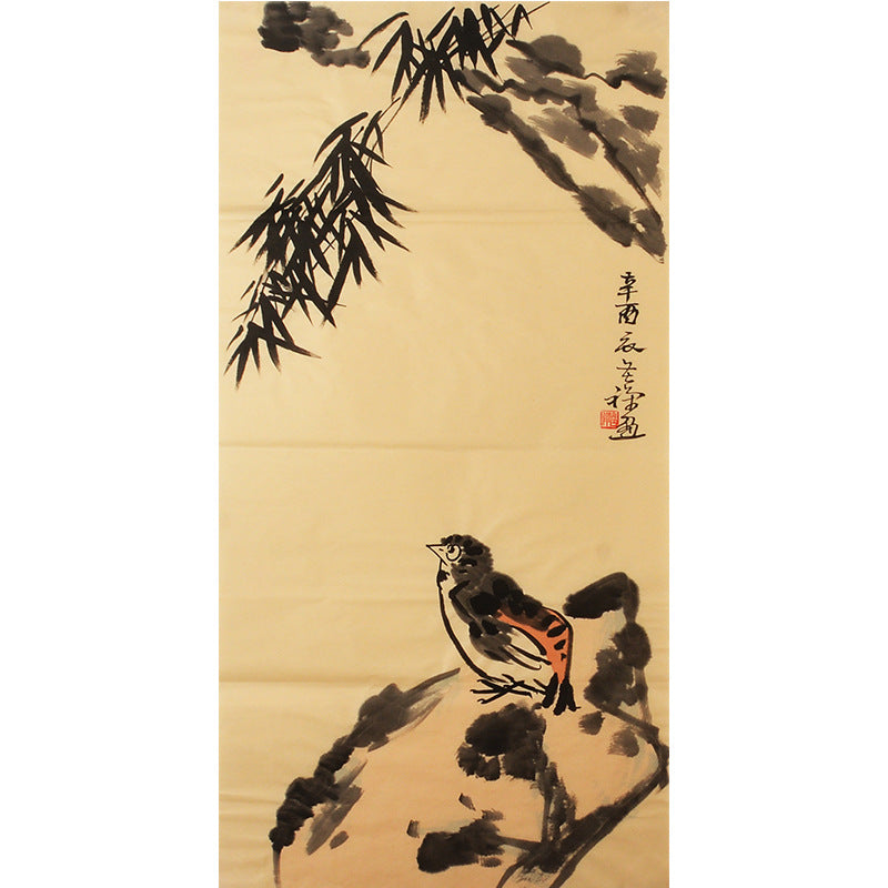 Li Kuchan inspired Chinese bird painting with a lone songbird beneath bamboo