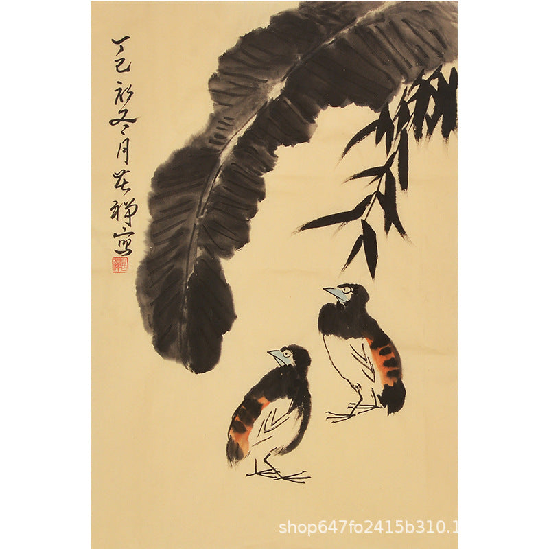 Li Kuchan inspired Chinese bird painting with banana leaves and a pair of quail