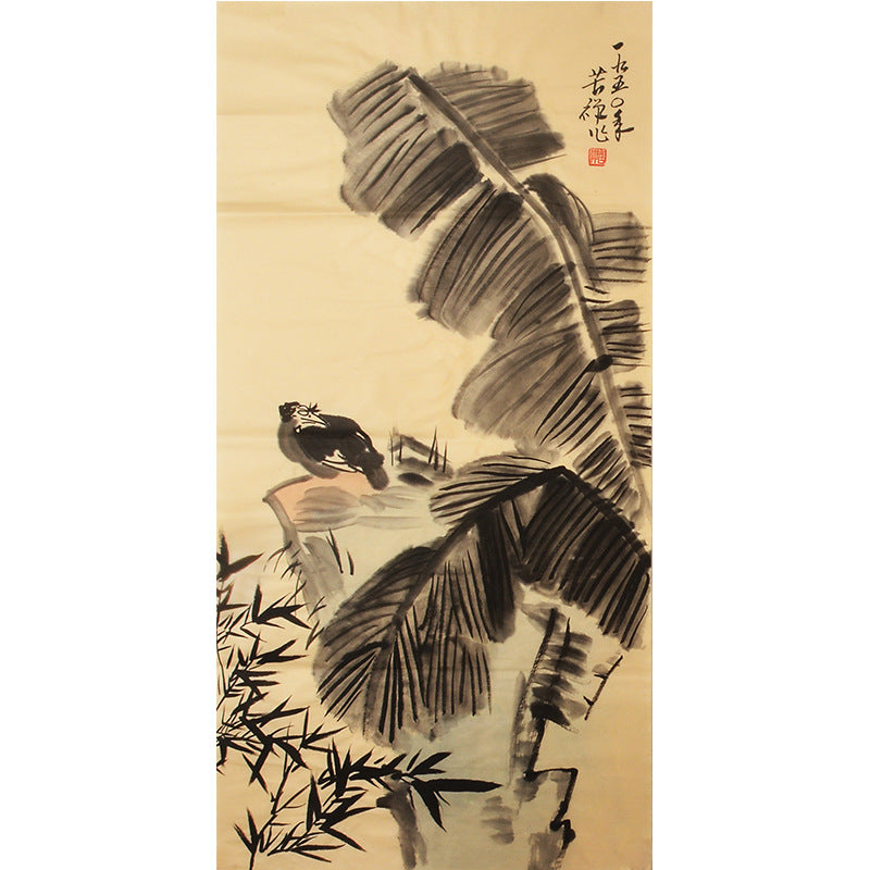 Li Kuchan inspired Chinese hand-painted banana leaves with small birds