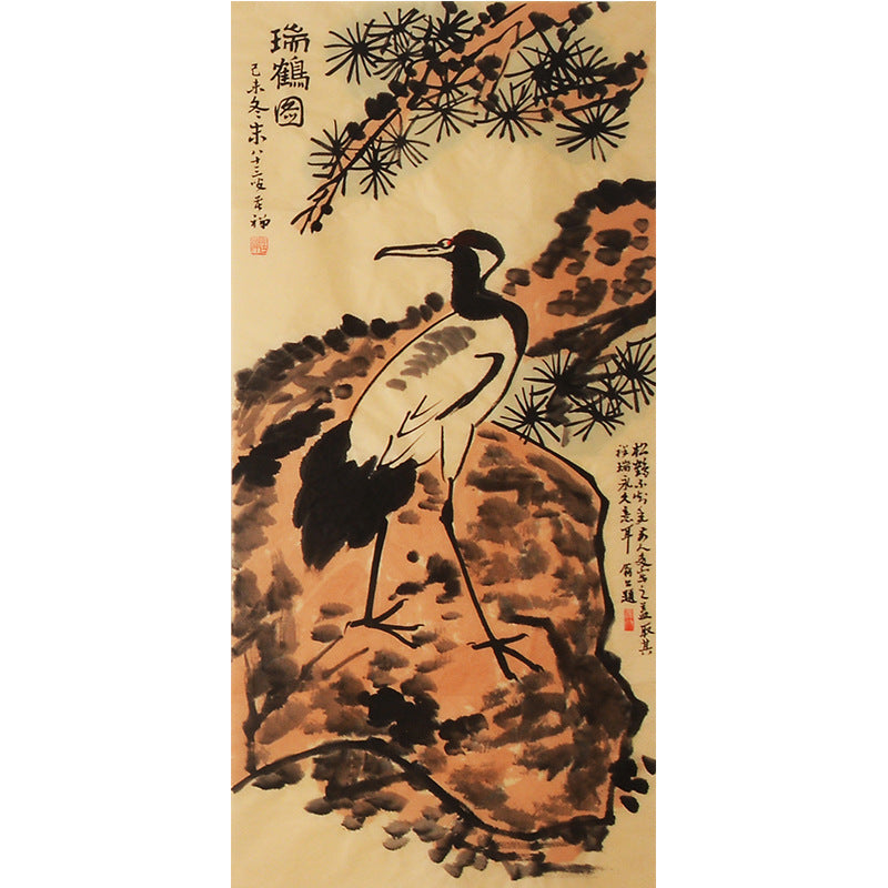 Li Kuchan inspired hand-painted Chinese crane beneath red pine branches