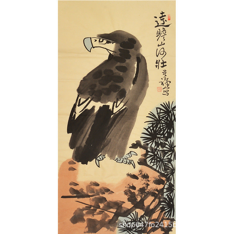 Li Kuchan inspired hand-painted Chinese eagle on rock, far horizon composition