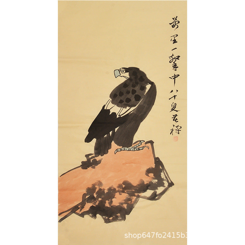 Li Kuchan inspired hand-painted Chinese eagle standing on a high rock and looking into the distance