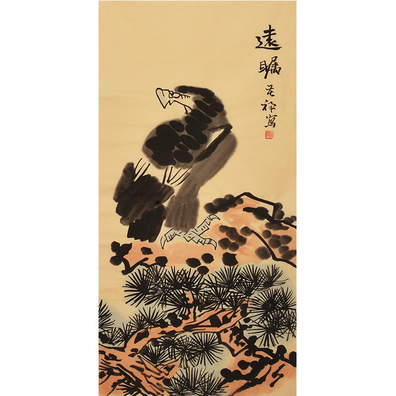 Li Kuchan inspired hand-painted Chinese eagle and pine painting, distant gaze composition