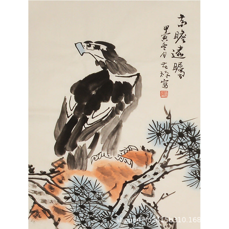 Li Kuchan inspired hand-painted Chinese eagle on a pine-covered rock