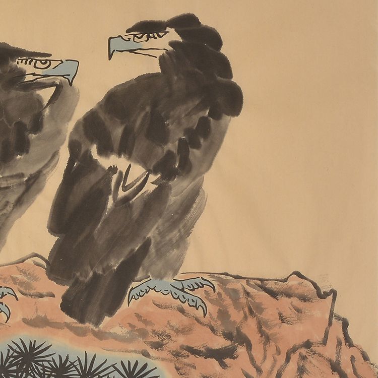 Li Kuchan inspired hand-painted Chinese eagle standing on a rocky cliff