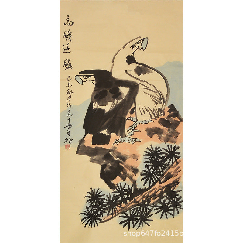 Li Kuchan inspired hand-painted Chinese eagles and white crane by pine
