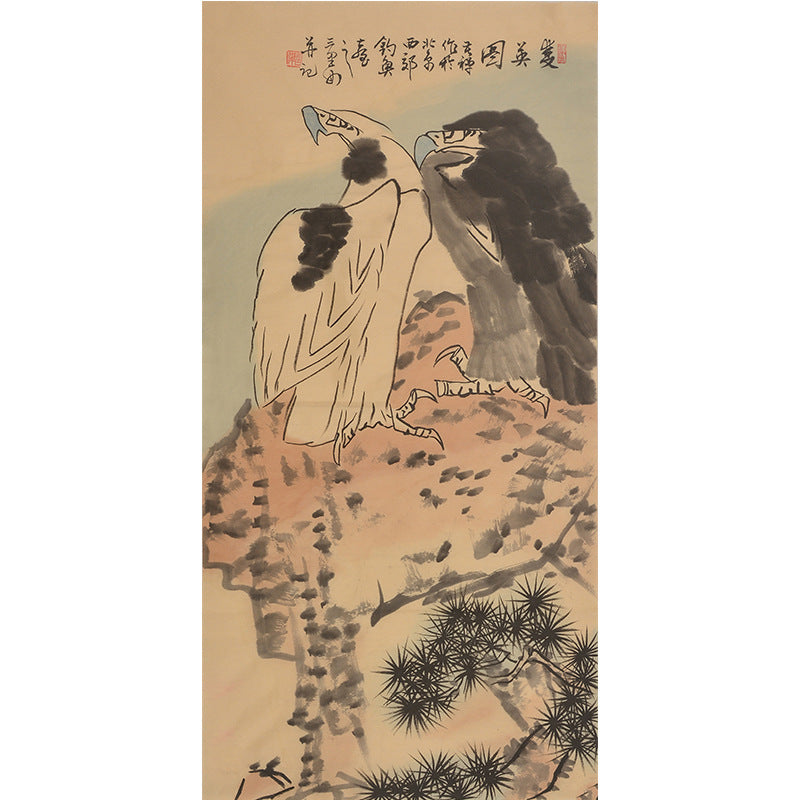 Li Kuchan inspired hand-painted Chinese light and dark twin eagles on a cliff