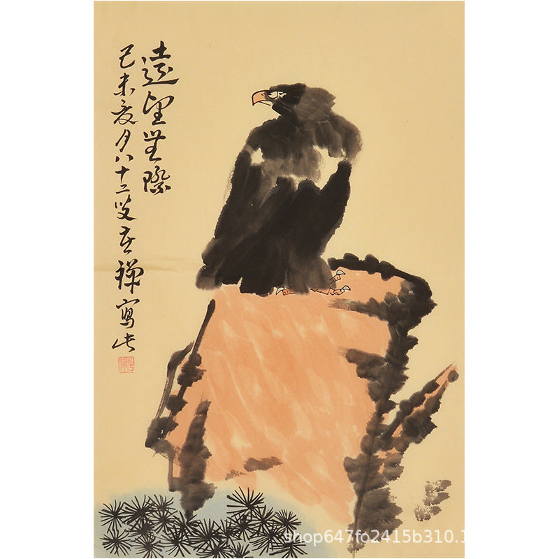 Li Kuchan inspired hand-painted Chinese lone eagle looking toward the distant horizon