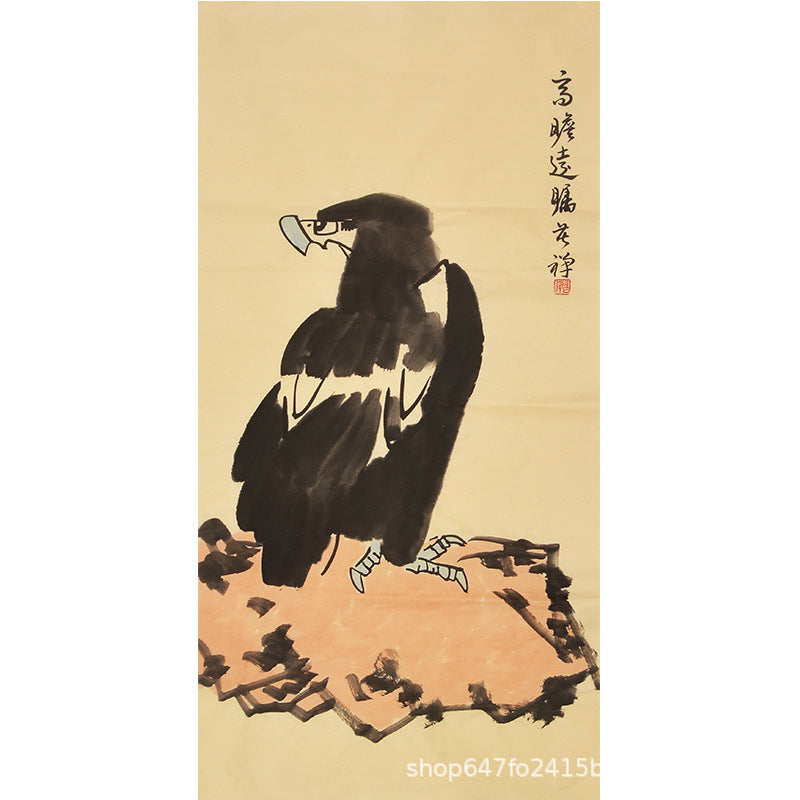 Li Kuchan inspired Chinese lone eagle standing on a high rock, hand-painted ink art