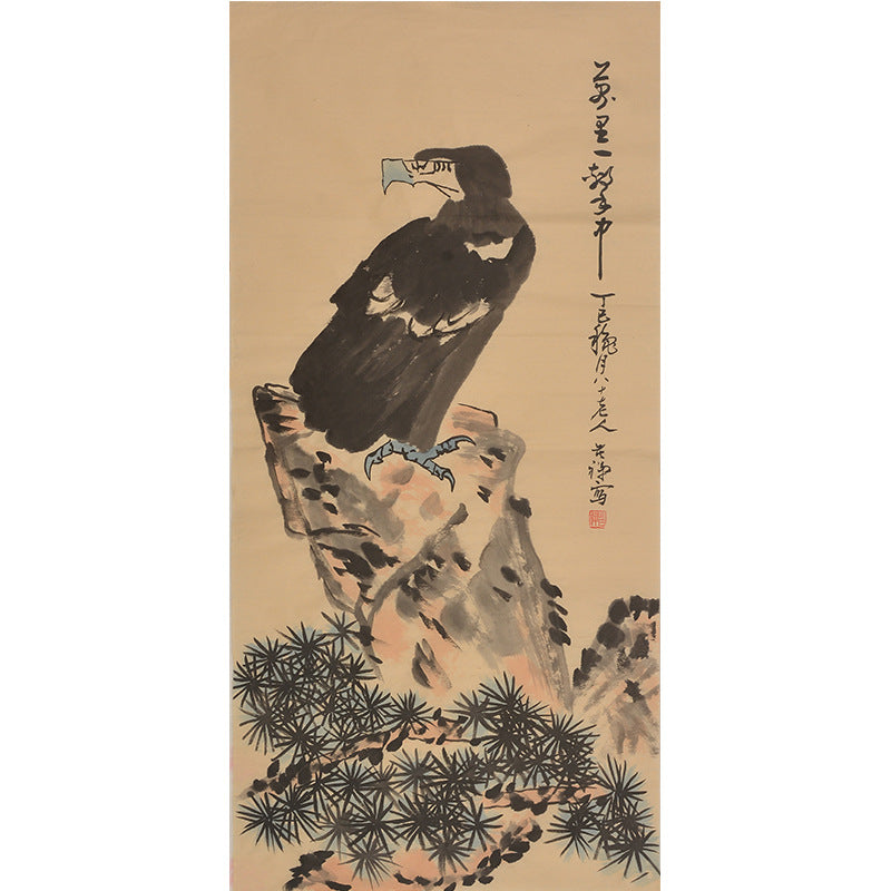 Li Kuchan inspired hand-painted Chinese lone eagle above a pine grove