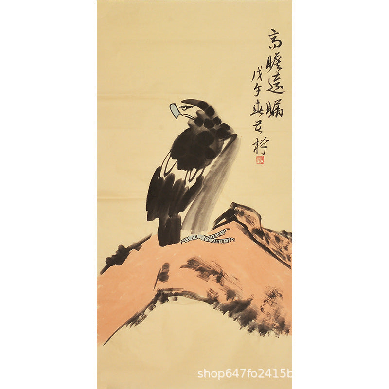 Li Kuchan inspired hand-painted Chinese lone eagle standing on a warm red cliff