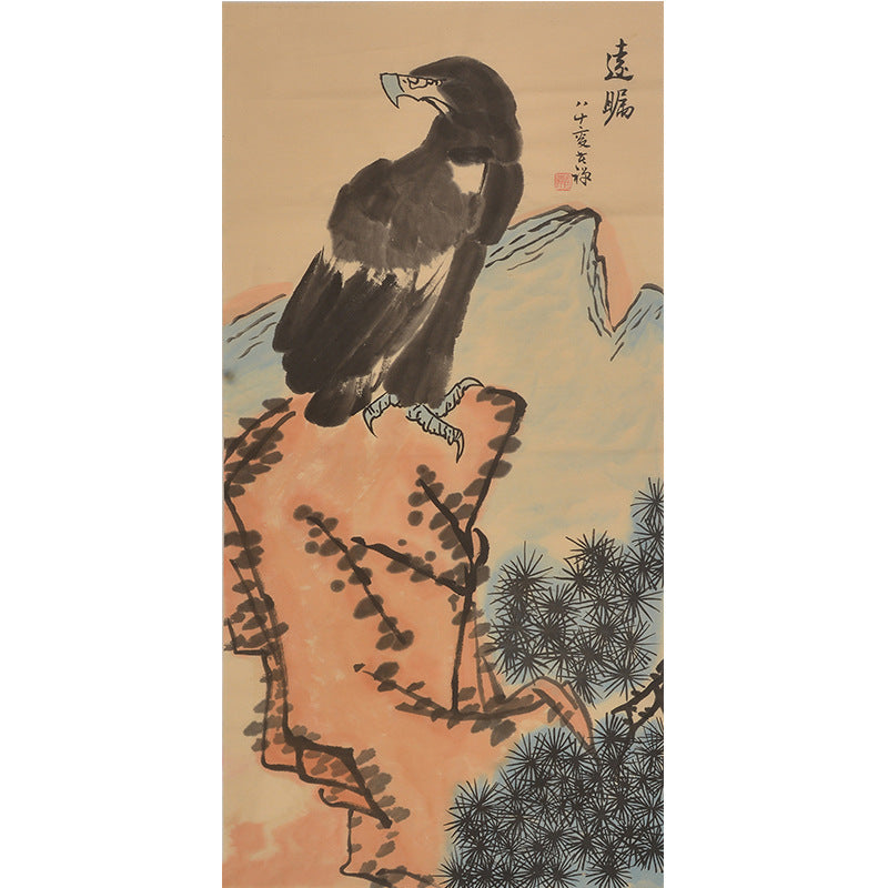 Li Kuchan inspired hand-painted Chinese lone eagle on a red-toned cliff