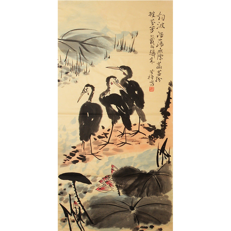 Li Kuchan inspired hand-painted Chinese lotus pond with three water birds