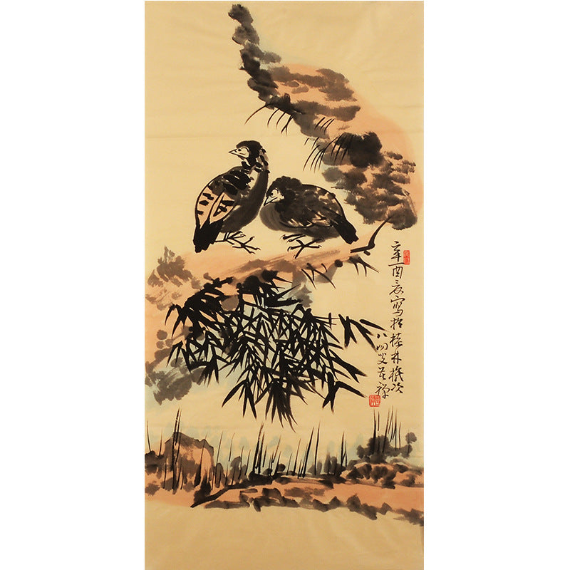 Li Kuchan inspired Chinese flower-and-bird painting with a pair of birds, pine and bamboo