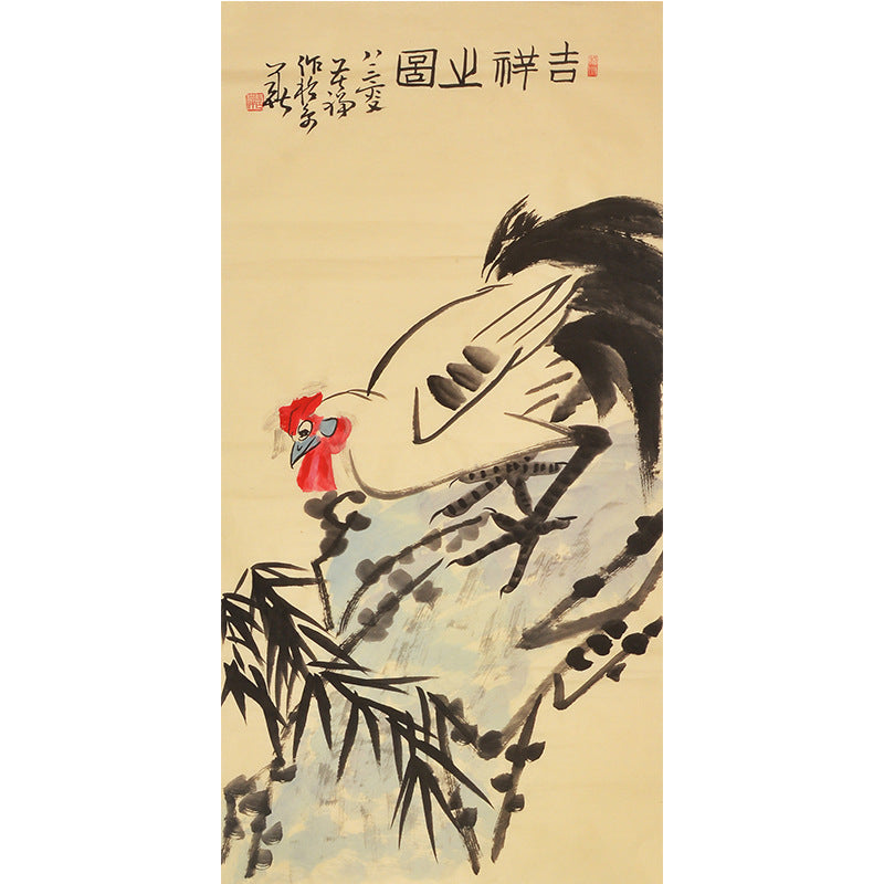 Li Kuchan inspired hand-painted Chinese rooster beneath bamboo