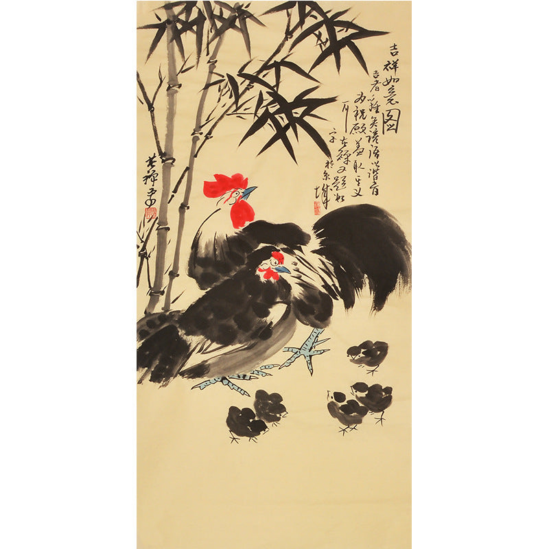 Li Kuchan inspired hand-painted Chinese rooster, hen and chicks under bamboo