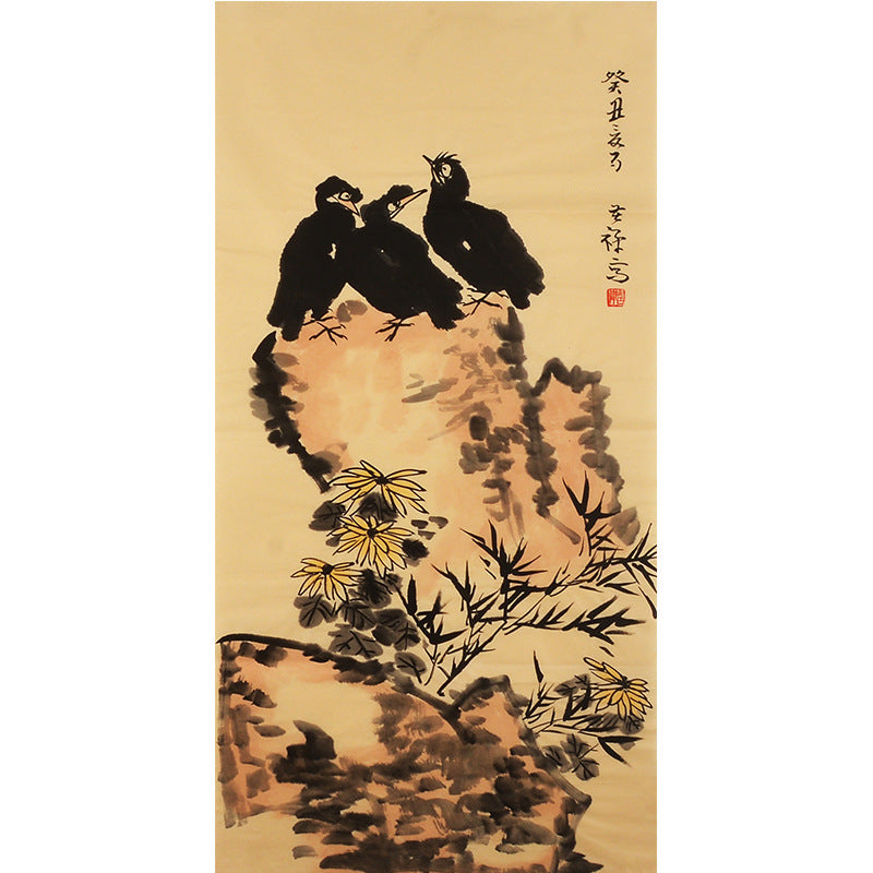 Li Kuchan inspired Chinese flower-and-bird painting with three birds on a flowering rock