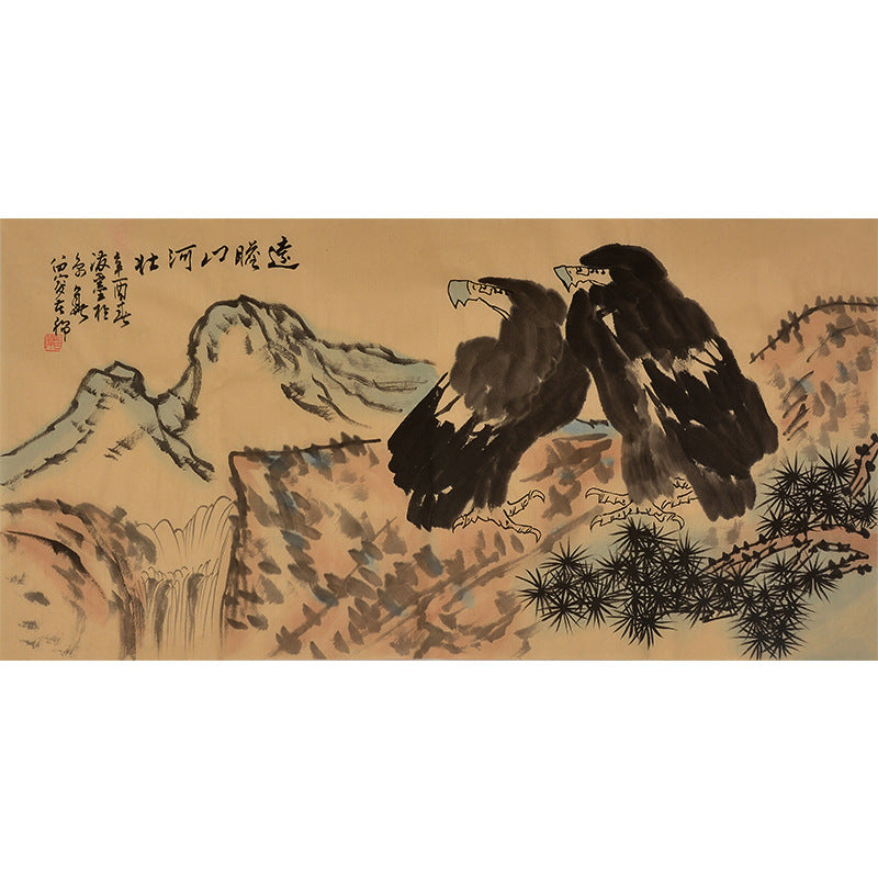 Li Kuchan inspired hand-painted Chinese eagle painting, three eagles over a mountain ridge