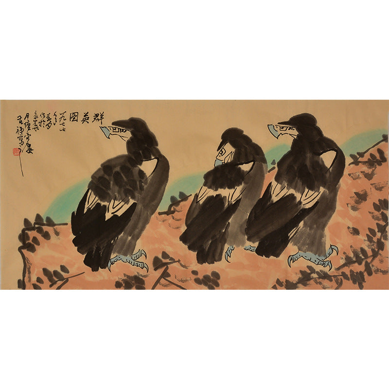 Li Kuchan inspired hand-painted Chinese three eagles standing on mountain rock