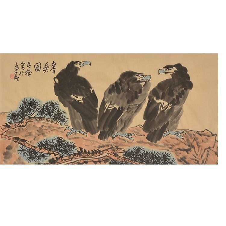 Li Kuchan inspired hand-painted Chinese three eagles among pine-covered mountains
